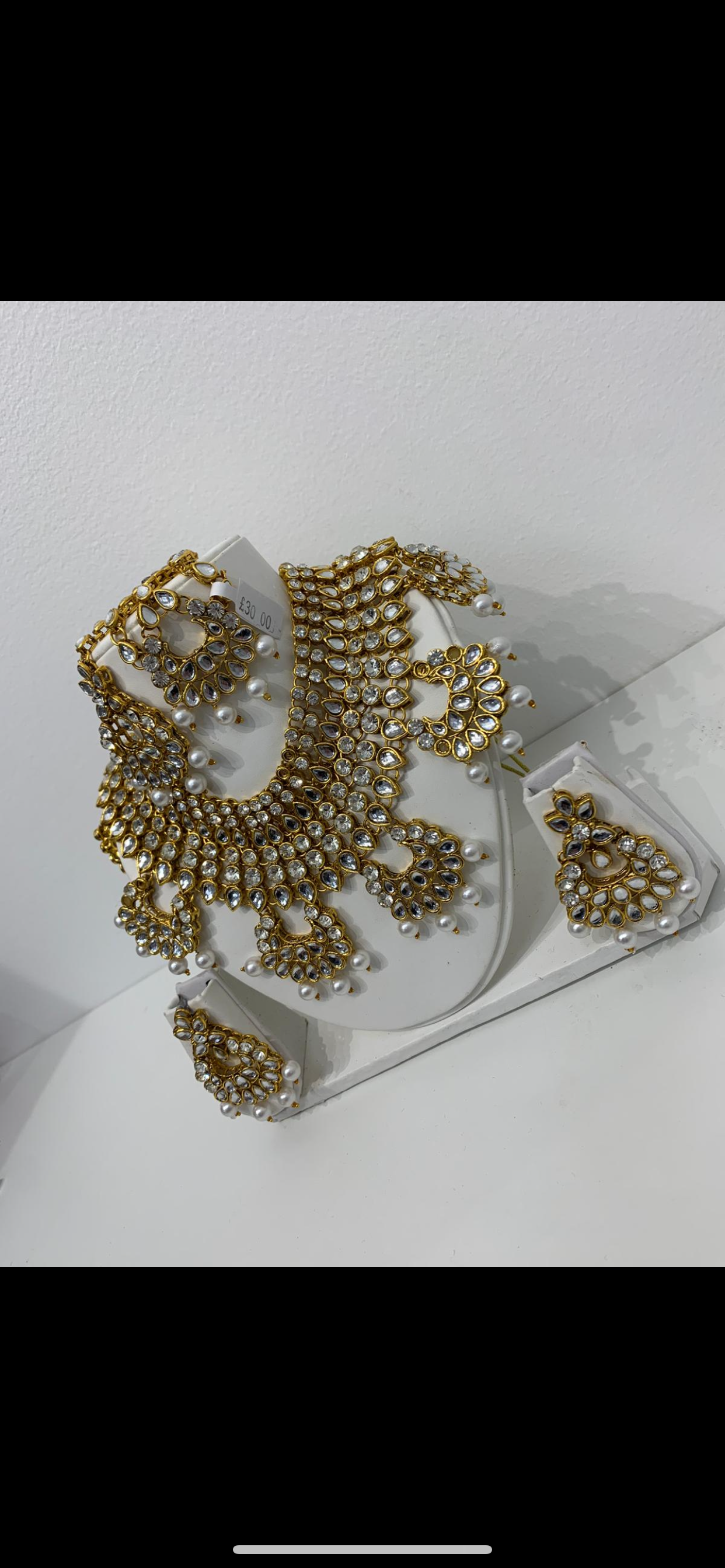 Pakistani gold diamonte pearl stone jewelry set