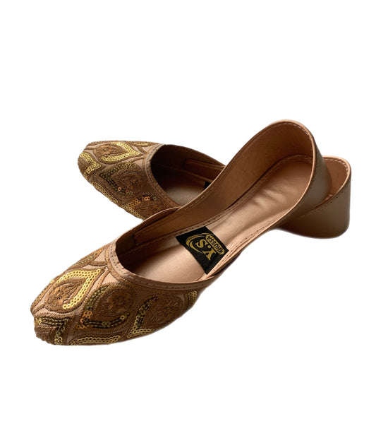(S30) Handmade Gold Sequin Khussa – Embroidered Punjabi Jutti with Soft Foam & Non-Slip Sole