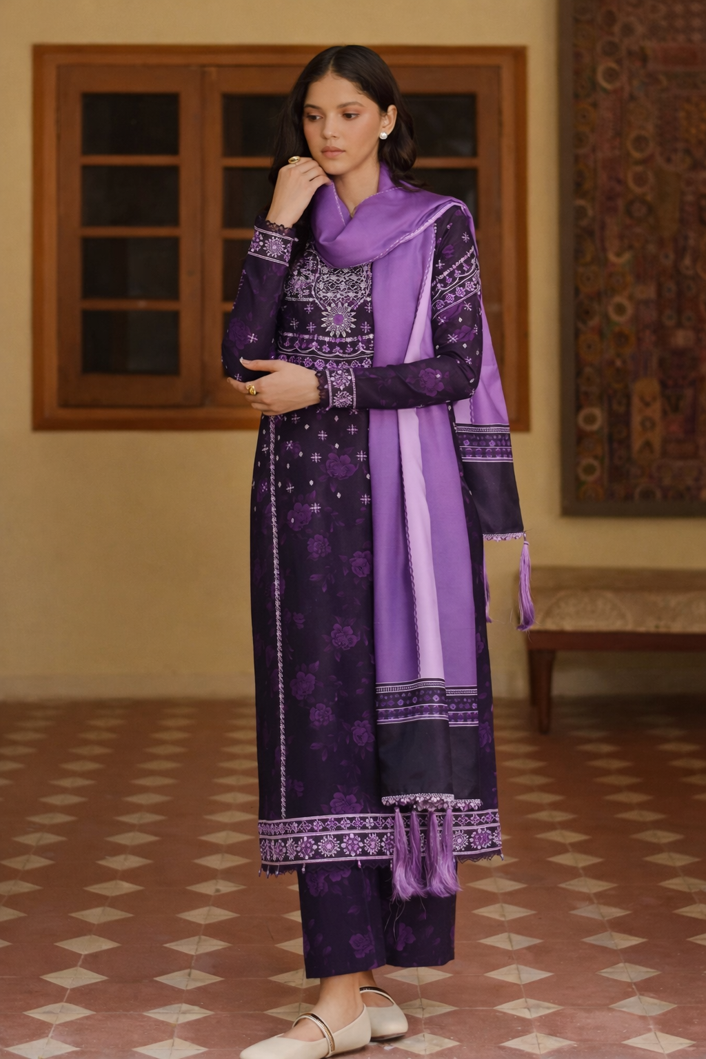 (194) Farasha meline powder plum  digital printed premium viscose digital printed viscose twill shawl ready to wear
