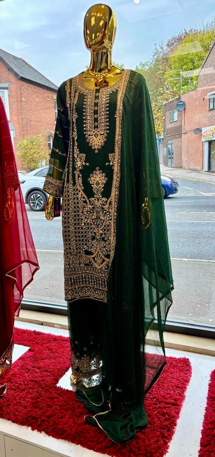 (126) Luxury Green Zaib Embroidered Chiffon 3-Piece Pakistani Occasion Suit