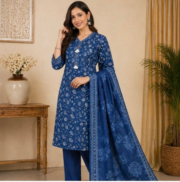 (111) Bin Saeed Floral Lawn Suit | Pearl Neck & Contrast Dupatta