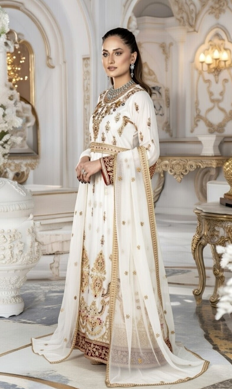 (116) Elegant white Pakistani Crinkle Chiffon Long anarkali 3-Piece Suit with Gold Diamante Accents and Fine Gold Thread Embroidery