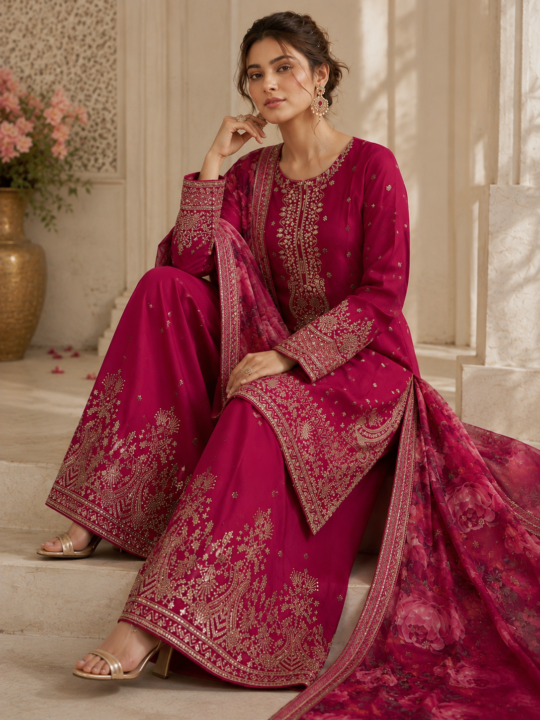 (175) Elegant shocking pink gold thread embroidered sequin chiffon fully lined plazzo organza floral dupatta ready to wear suit