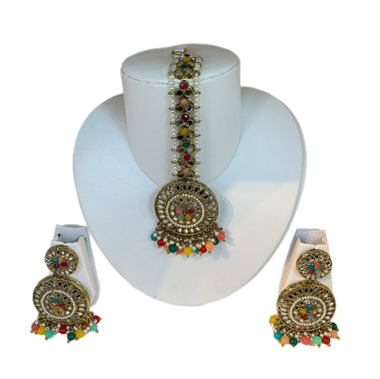 Multicolored pakistani tikka earrings pearl elegant jewelry set