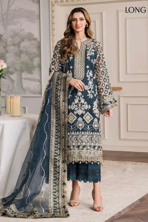 (102) Pakistani Yale Blue Embroidered Chiffon Suit & Organza Dupatta Ready-Made
