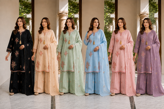 (354) Abeeha Elegant black Viscose Suit – A beautifully designed rounded kameez featuring delicate gold thread floral embroidery, paired with stylish palazzo trousers and a soft bamber dupatta