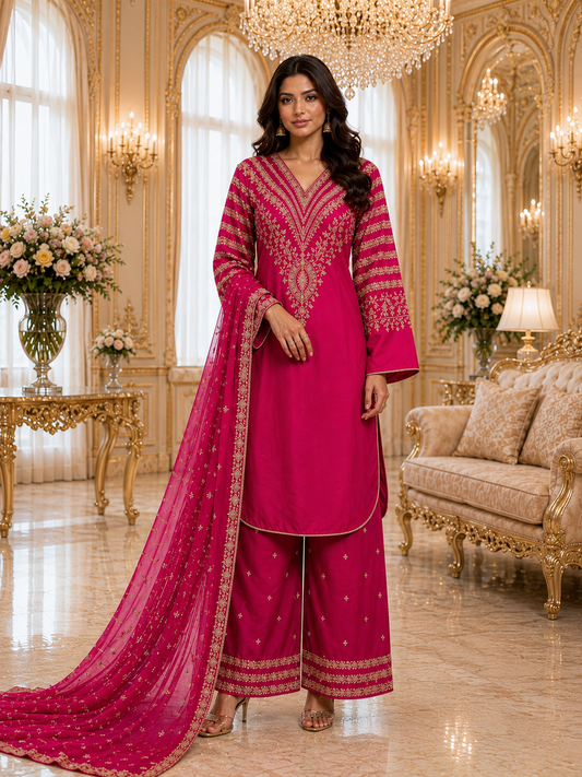 (295) Shocking Pink Viscose Palazzo Suit | Gold Thread & Sequin Work