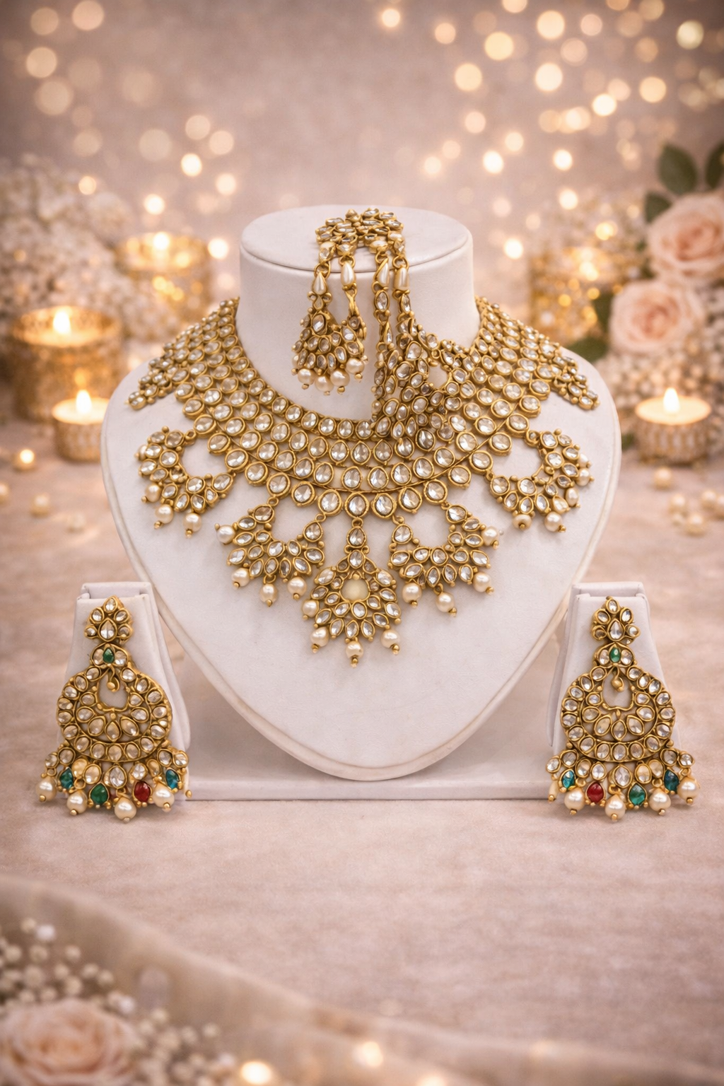 Pakistani gold diamonte pearl stone jewelry set
