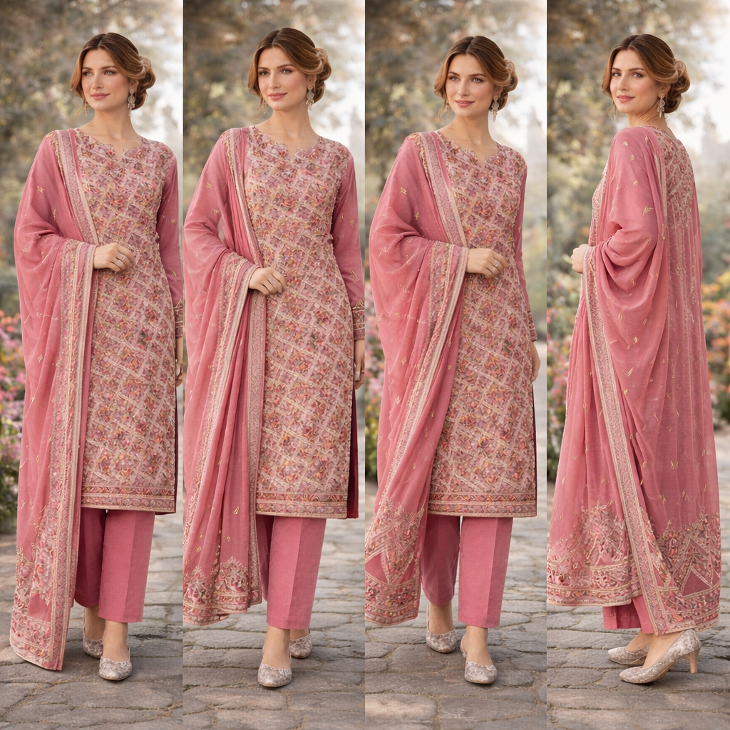 (357) Elegant pink fancy zari lawn suit, ready-to-wear, beautifully crafted with intricate detailing and paired with a four-sided (chaar patti) richly embroidered dupatta for a complete graceful look