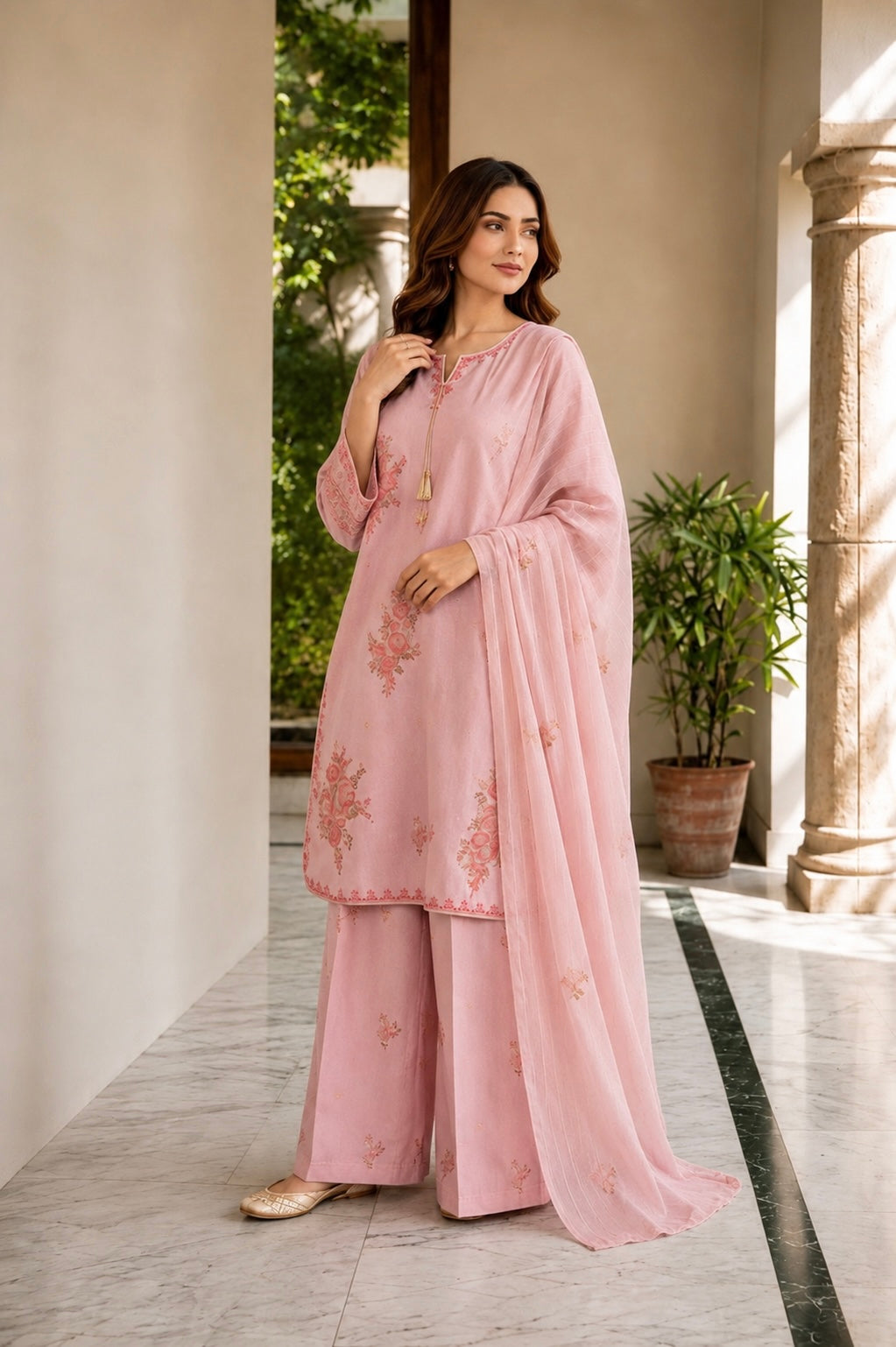 (363) Abeeha Elegant Light pink Viscose Suit – A beautifully designed rounded kameez featuring delicate gold thread floral embroidery, paired with stylish palazzo trousers and a soft bamber dupatta.
