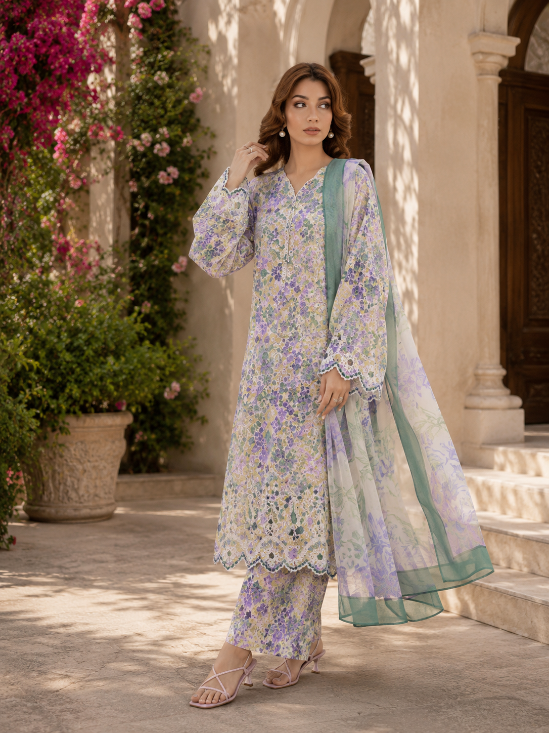(183) Adan’s Libas Printed Lawn Suit | Lace Embroidery & Voile Dupatta