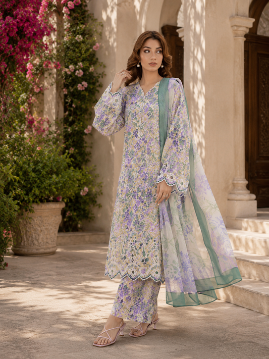 (183) Adan’s Libas Printed Lawn Suit | Lace Embroidery & Voile Dupatta