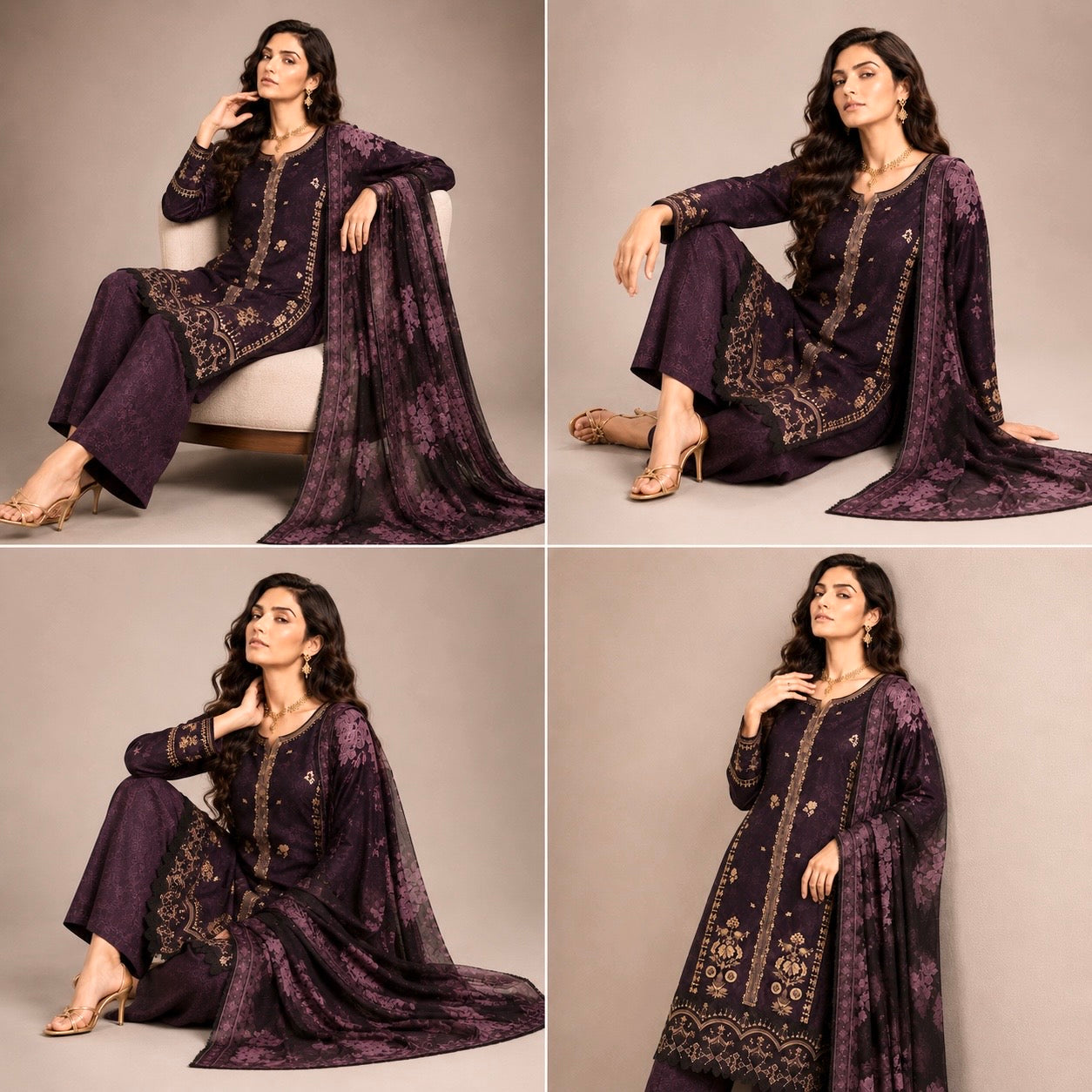 (218) Elegant Floral Printed Lawn Suit | Gold Thread & Sequin Embroidery