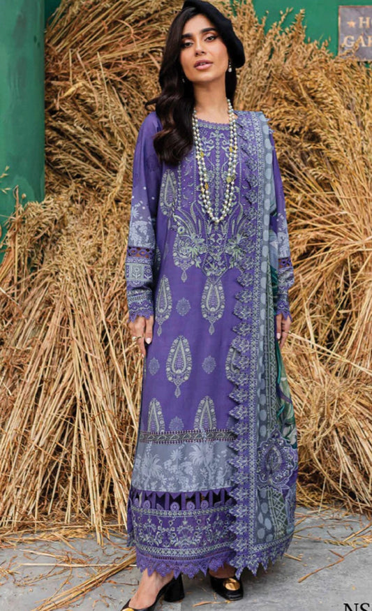 (150) Elegant Original Nureh Gardenia Printed Slub Linen Suit with Chiffon Dupatta