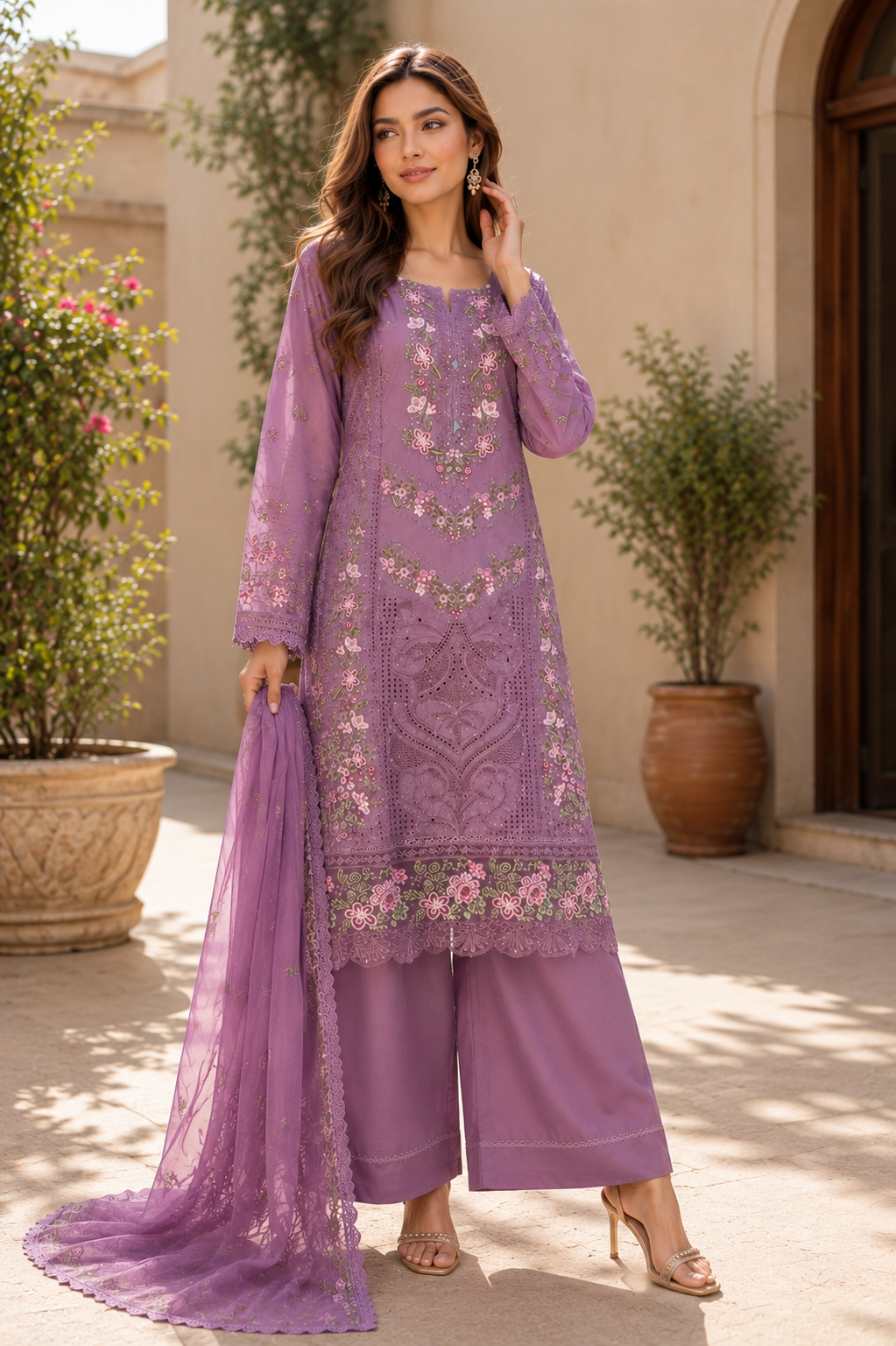 (157) Munira Premium Lawn Suit | Beaded Sequin Embroidery & Chiffon Dupatta