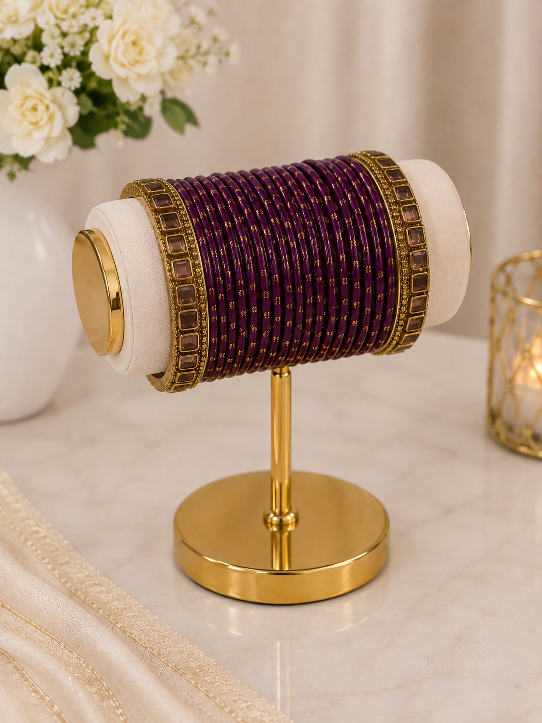 (B15) Elegant deep purple bangle set featuring delicate gold detailing and statement gold-toned stone bangles on each side. A beautiful traditional accessory size 2.4