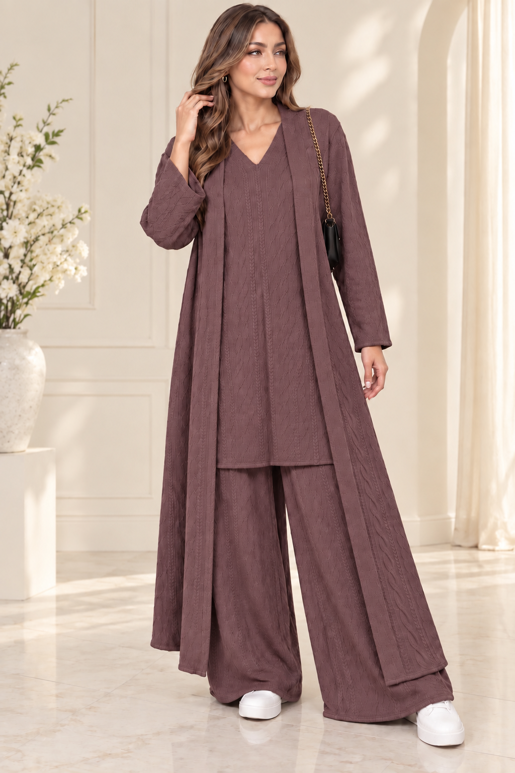 (374) Elegant 3-piece dusty mauve one size textured knit co-ord set Featuring a flattering V-neck tunic, flowing wide-leg trousers and a matching longline open cardigan. stylish, comfortable effortlessly elegant outfit