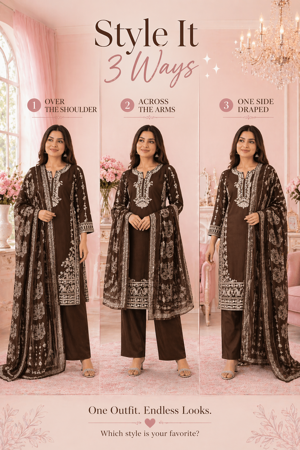 (97) Pakistani Brown Linen Suit | Zari Embroidery & Printed Dupatta