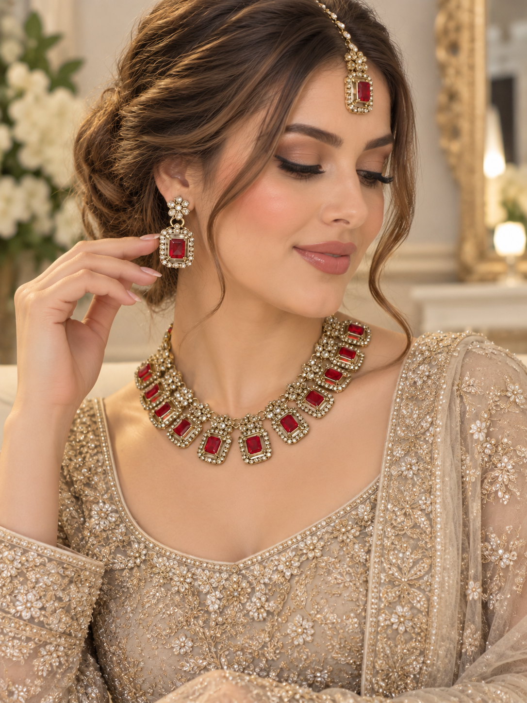 (J2)  Elegant gold-red toned earrings, tikka, and necklace set featuring teardrop-shaped stones surrounded by sparkling crystals