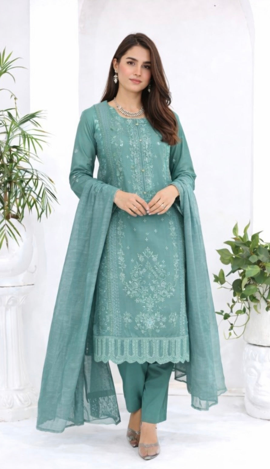 (349) Teal Chikankari Viscose Suit | Sequin Embroidery | Ready to Wear