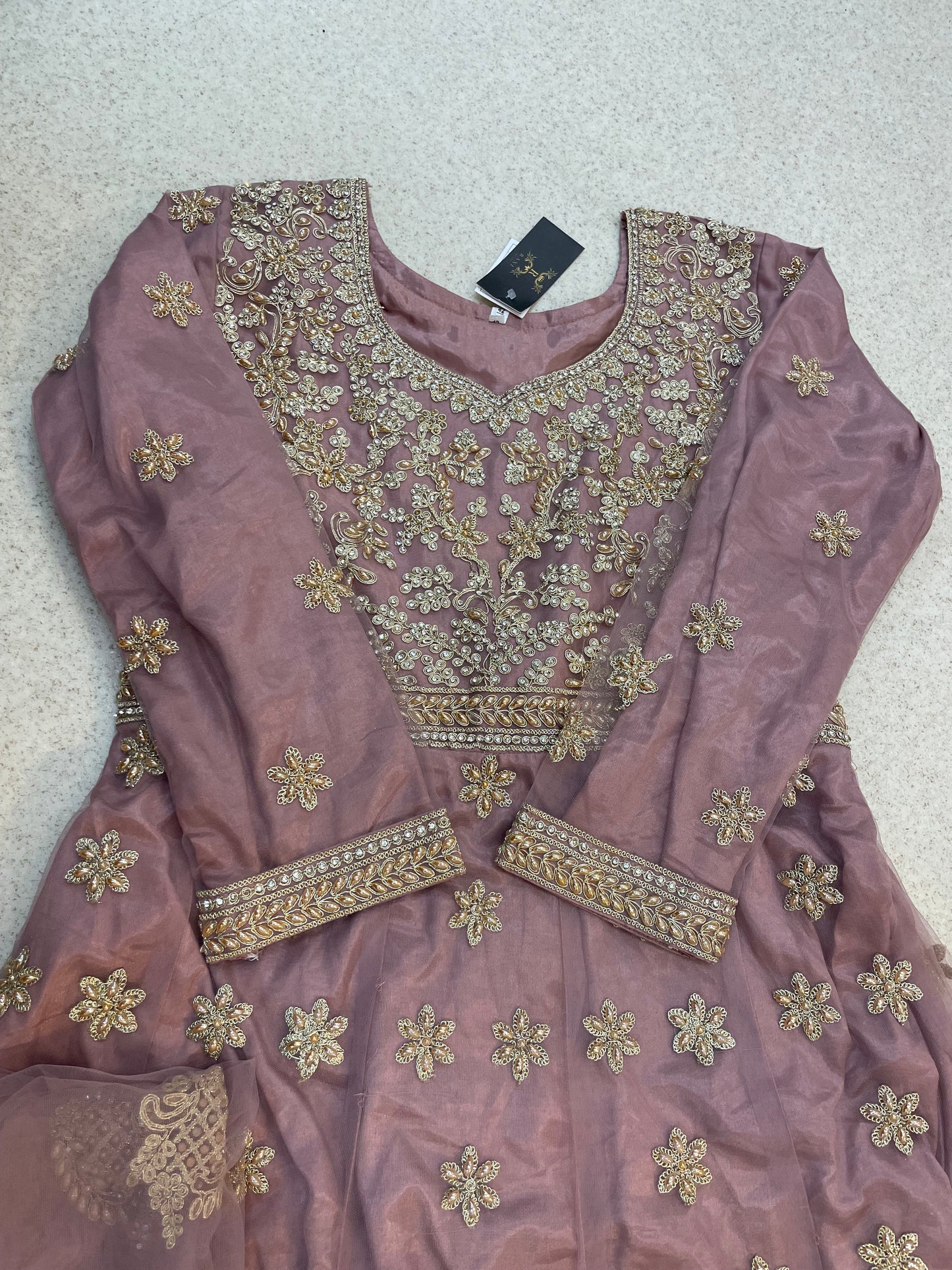 (143) Indian Mauve Sharara Suit - Heavy Diamante Embroidered Umbrella Dress