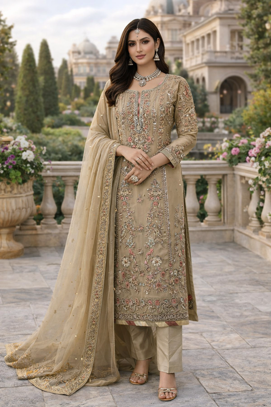 (219) Elegant Wedding Party Organza Hand-Embroidered 3-Piece Suit