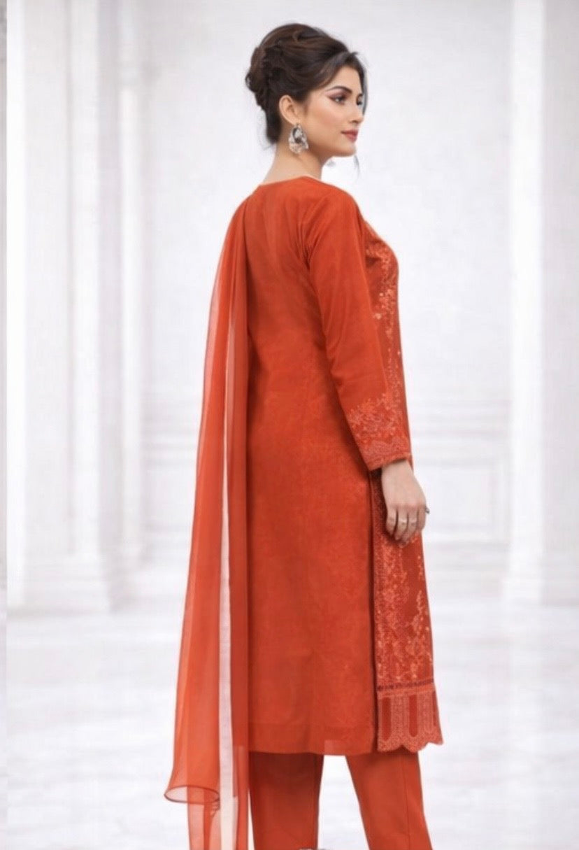 (354) Orange Chikankari Viscose Suit | Sequin Embroidery | Ready to Wear