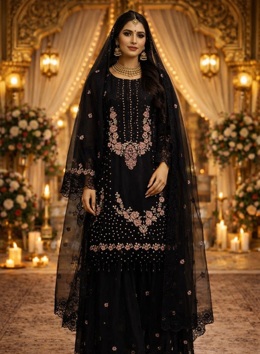 (09) Pakistani occasional embroidered diamonte chiffon ready to wear suit