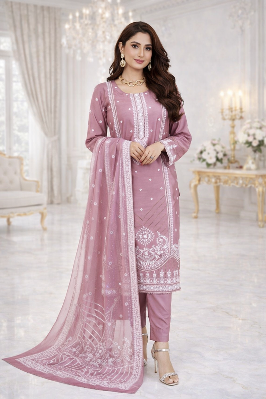 (154) Viscose Embroidered Suit with Vibrant Digital Dupatta Soft and Breathable Ready Made