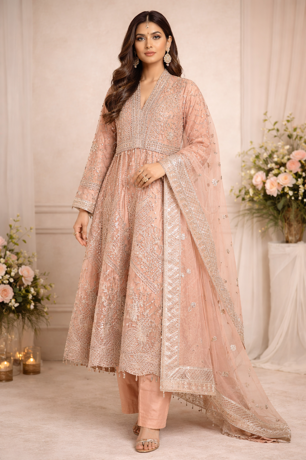 (321) Aadnan Libas–inspired organza long Anarkali dress with sequin, thread, and pearl embroidery, paired with a matching organza dupatta – ready to wear.