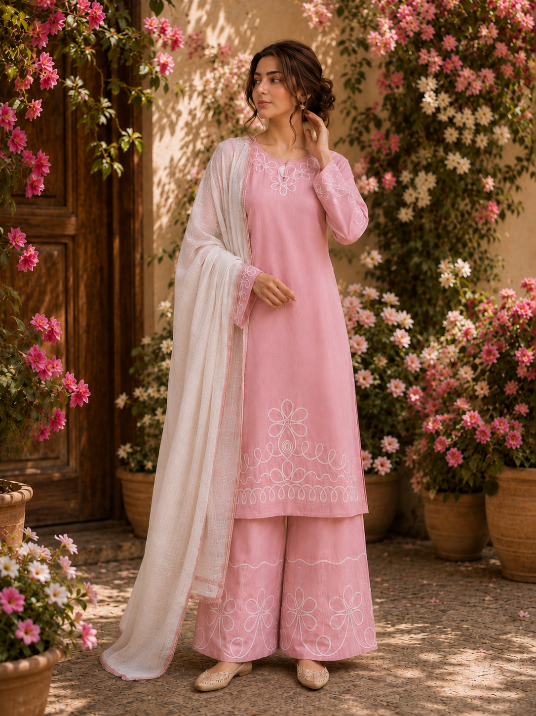 Elegant Linen lined pattern Suit
Crafted from breathable premium linen, this elegant ready-to-wear suit features beautiful white embroidery on the neckline, sleeves, kameez hem, and palazzo trousers.