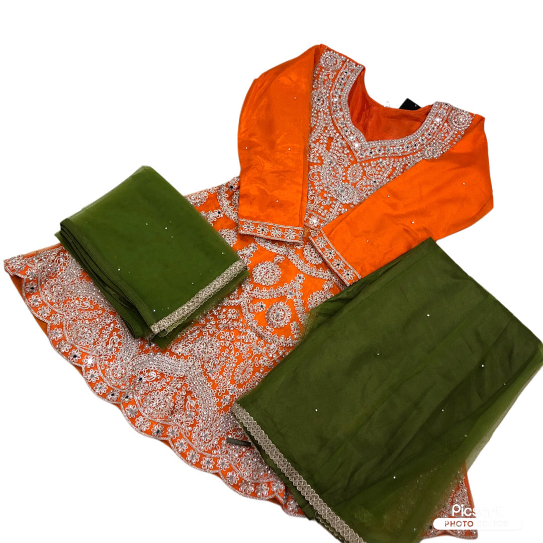 Pakistani stone work mendhi umbrella dress plazzo three piece ready made suit organza dupatta