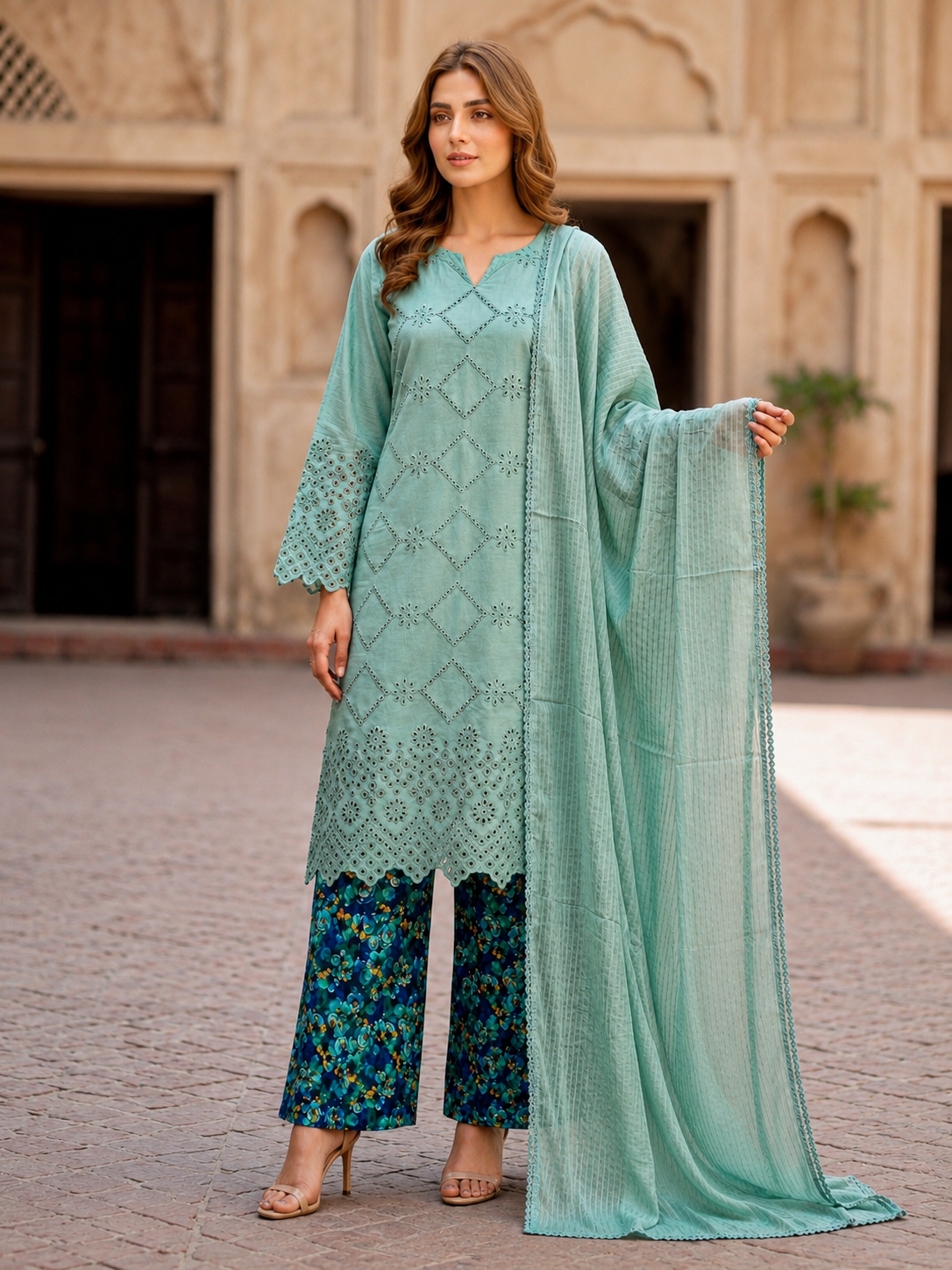 (225) Chikankari Embroidered Lawn Suit with Matching Dupatta & Palazzo Trousers – Perfect Comfy Summer Wear