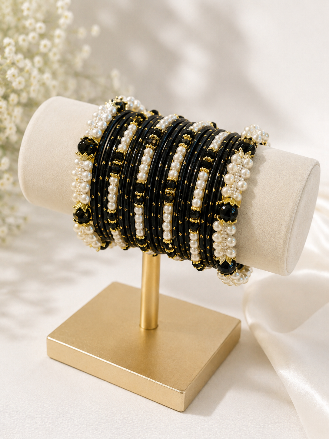 (B4) Elegant black bangle set featuring delicate gold detailing, lustrous pearl accents and statement black beads. A beautiful traditional accessory, perfect for weddings, Eid and special occasions size 2.4