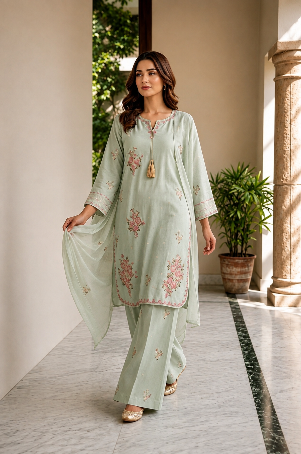 (356) Abeeha Elegant Light Green Viscose Suit – A beautifully designed rounded kameez featuring delicate gold thread floral embroidery, paired with stylish palazzo trousers and a soft bamber dupatta.