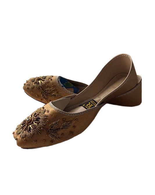 (S33) Handmade Satin Khusa – Gold Embroidered Punjabi Jutti with Soft Foam Comfort