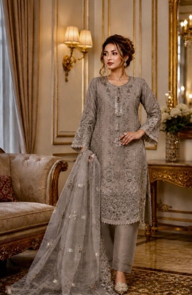 (156) Munira Premium Lawn Suit | Beaded Sequin Embroidery & Chiffon Dupatta