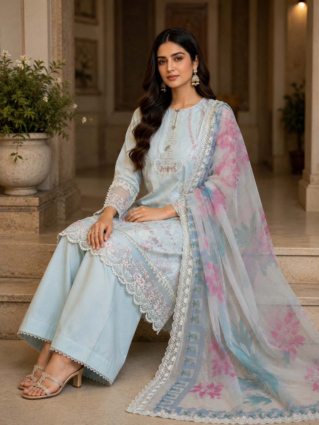 (6) Imrozia Rangreza pret lawn elegant pastel coloured lace thread cutwork embroidered park embellishment sleeves plazzo trousers chiffon duppatta ready to wear