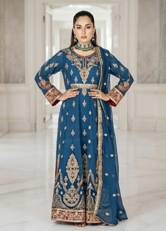 (105) Elegant Pakistani blue Crinkle Chiffon Long anarkali 3-Piece Suit with Gold Diamante Accents and Fine Gold Thread Embroidery