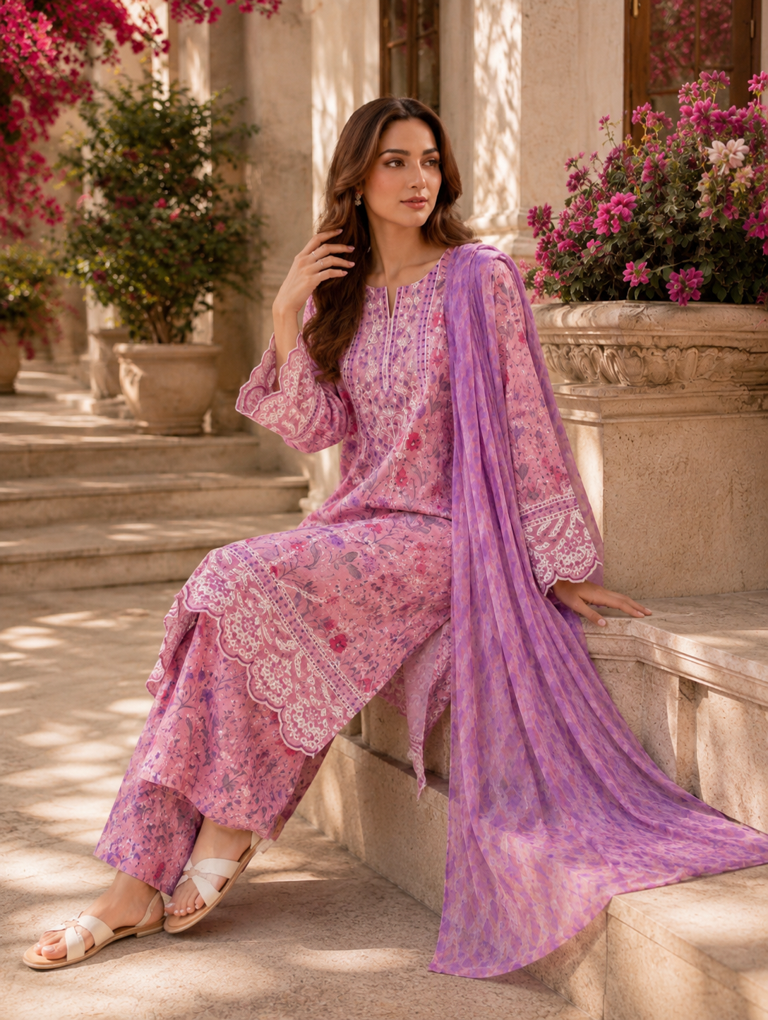 (210) Adan’s Libas Printed Lawn Suit | Lace Embroidery & Voile Dupatta