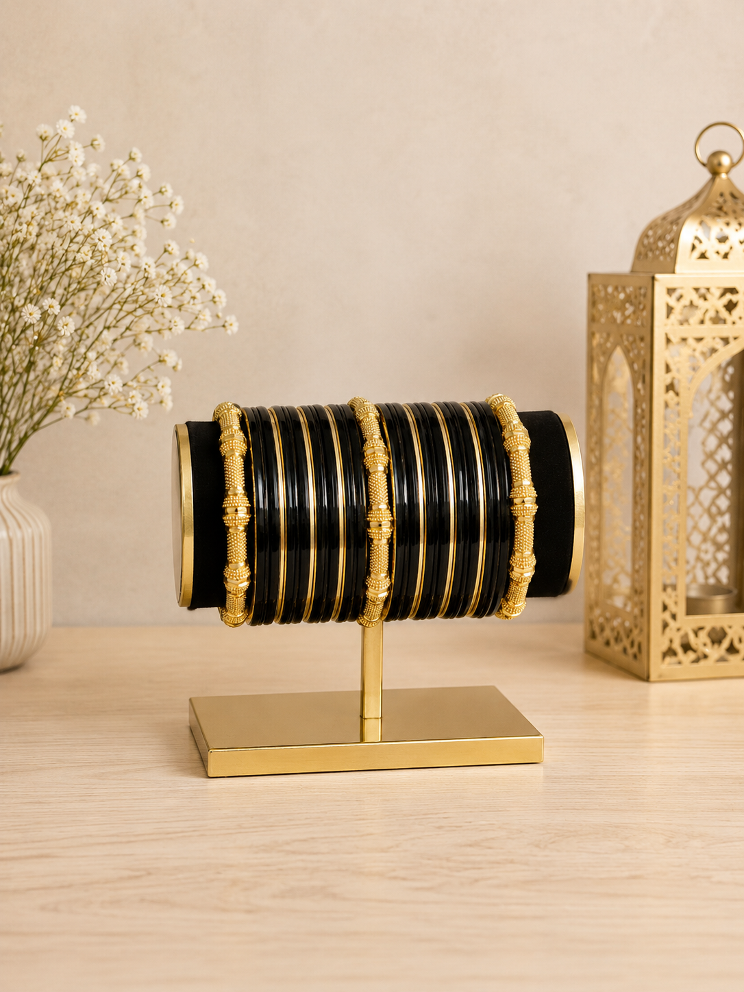 (B24) A stunning combination of glossy black bangles with delicate gold detailing and beautifully textured statement pieces. Elegant, timeless and perfect traditional outfits size 2.6