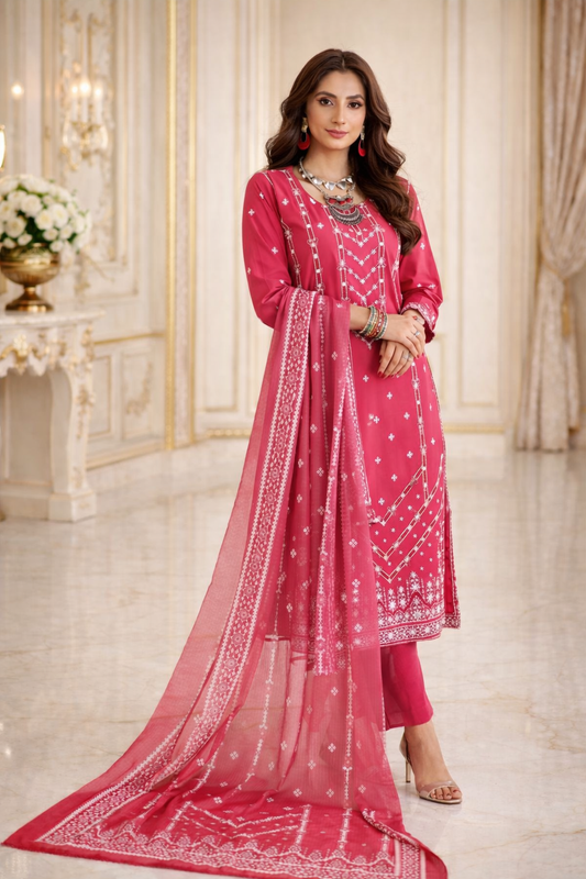 (8) Viscose Embroidered Suit with Vibrant Digital Dupatta Soft and Breathable