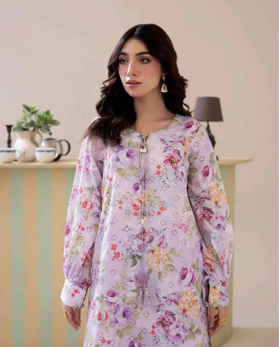 (34) Adan’s schiffli floral chickankari printed voil lawn shirt lawn trousers co ord set
