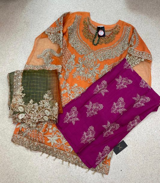 (202) Pakistani Wedding Embroidered 3-Piece Suit with Plazzo & Organza Dupatta