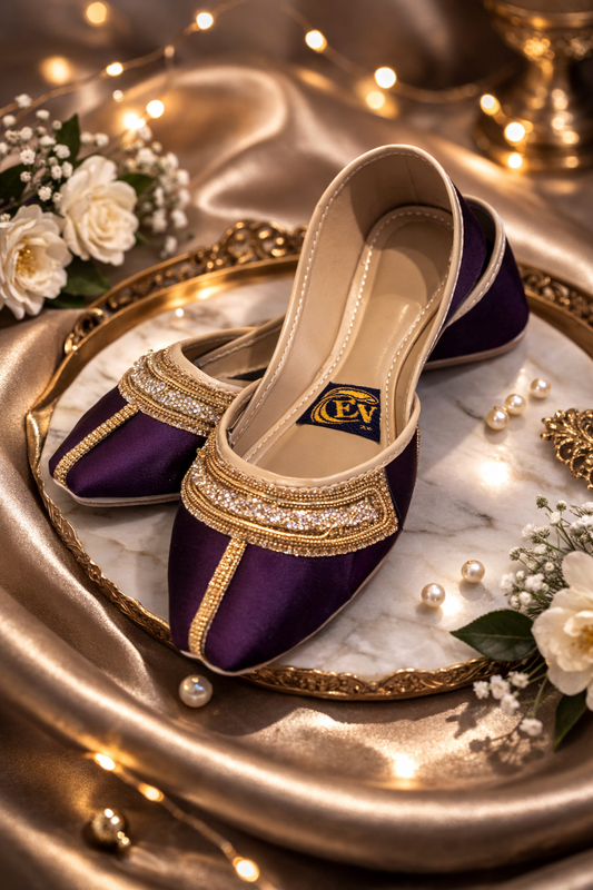 (S38) Handmade Satin Khusa – Gold Embroidered Punjabi Jutti with Soft Foam Comfort