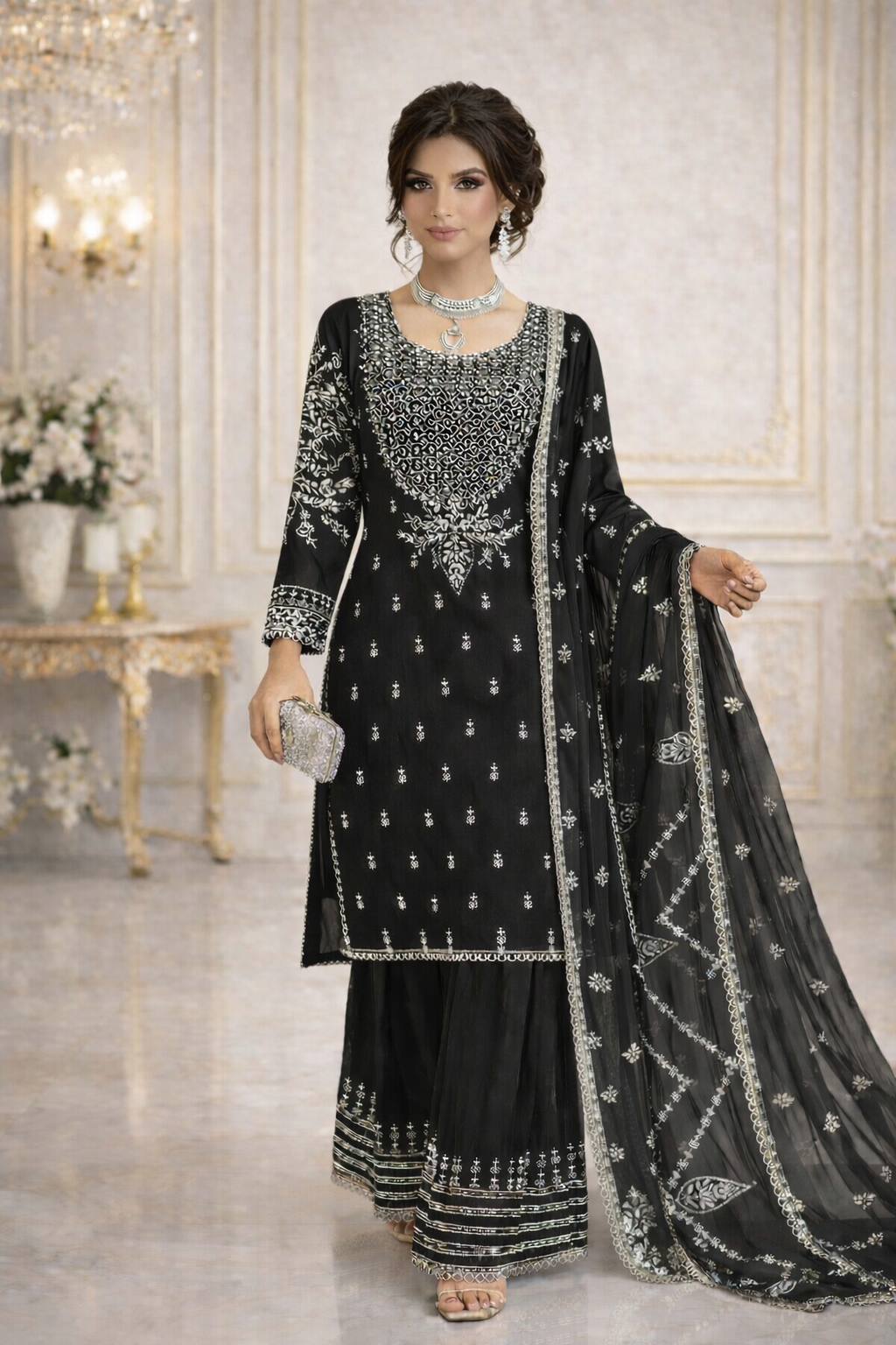 (286) Black Embroidered Chiffon Gharara Set | Sequin & Dupatta