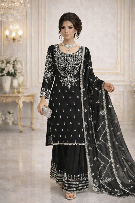 (286) Black Embroidered Chiffon Gharara Set | Sequin & Dupatta