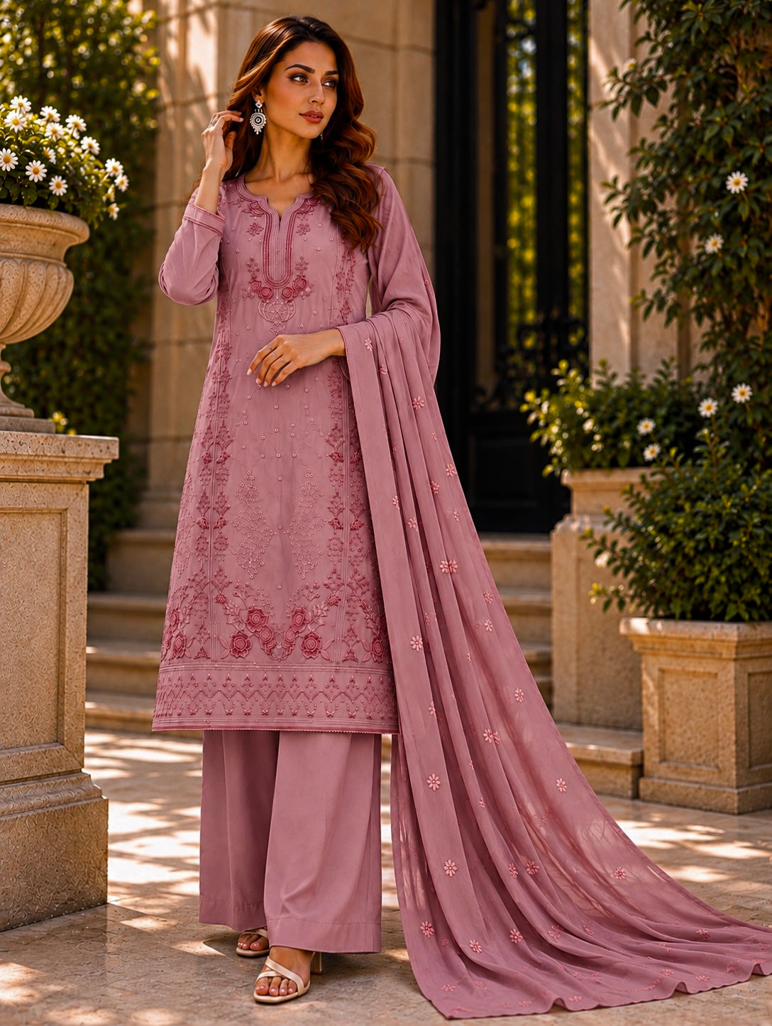 (361) Abeeha mauve Viscose Floral Embroidered Suit 
A beautiful blend of comfort and elegance, soft viscose kameez with delicate floral embroidery, paired with a stunning Bamber dupatta