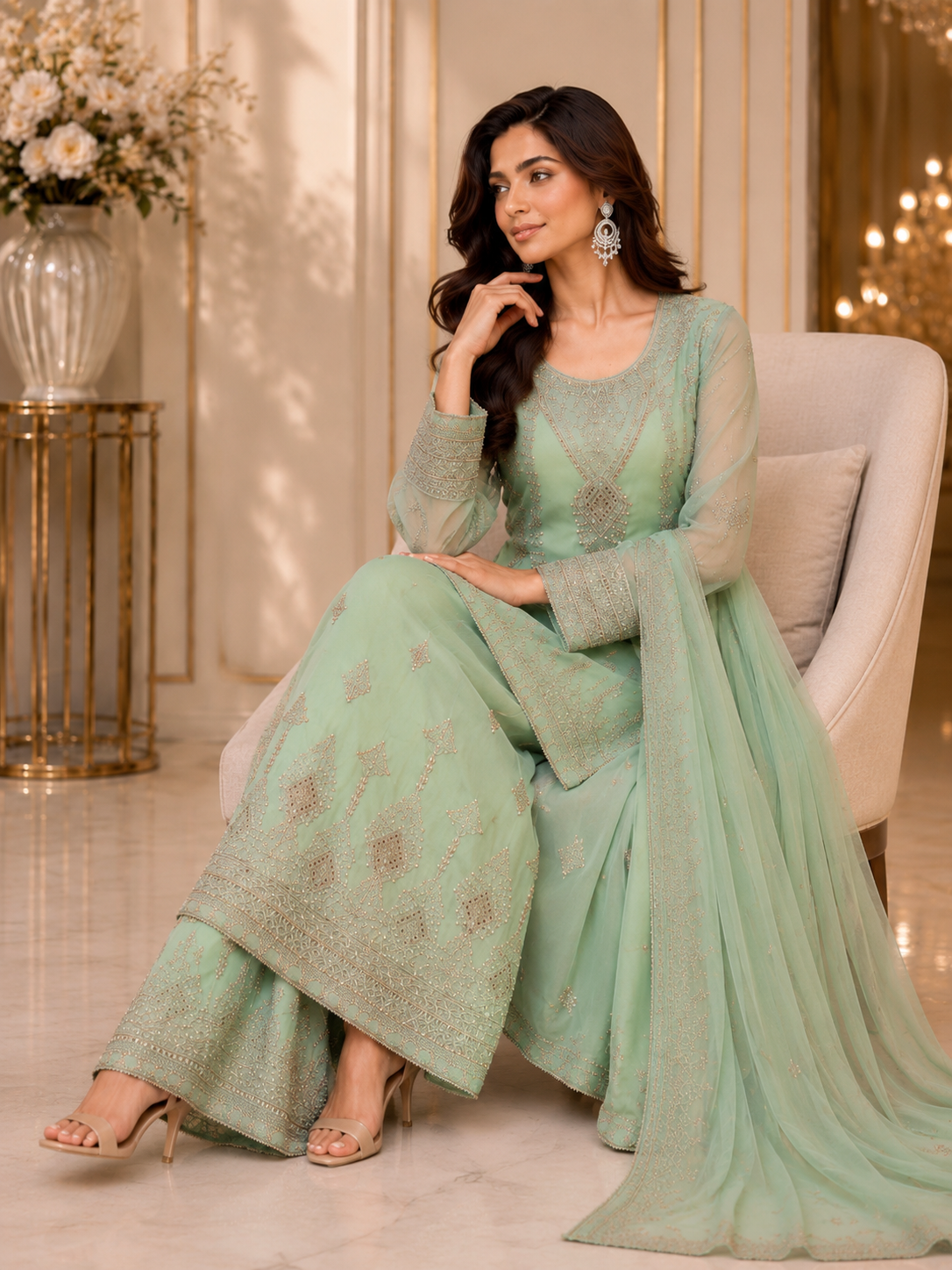 (279) Elegant Chiffon Palazzo Suit | Pearl & Diamante Gold Embroidery