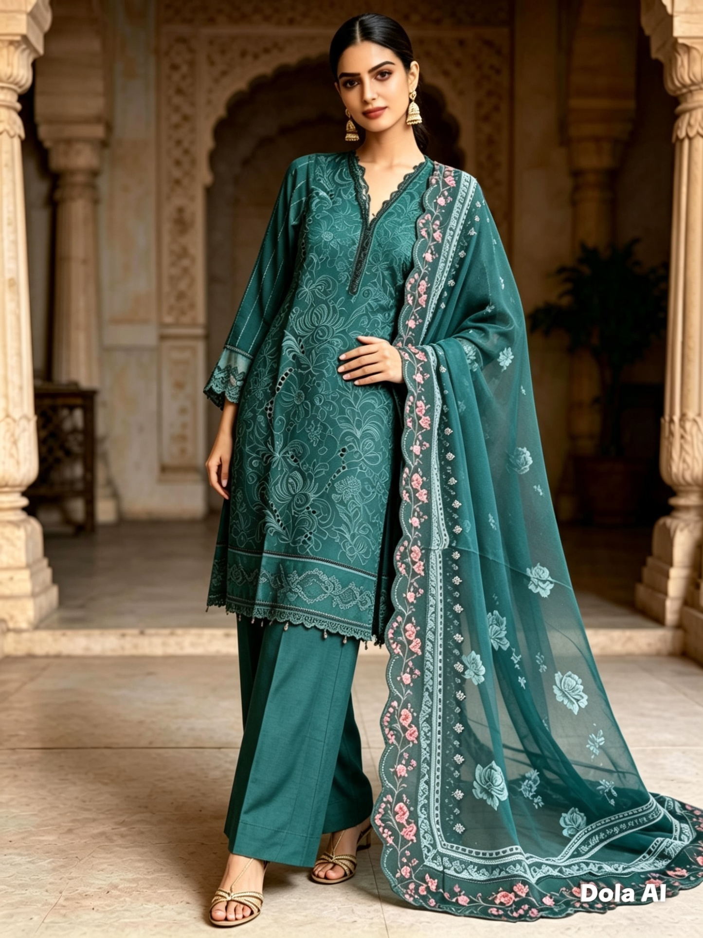 (16) Rangreza pret chicken Kari lace sequin embroidered floral lawn chiffon duppatta plazzo trousers ready to wear
